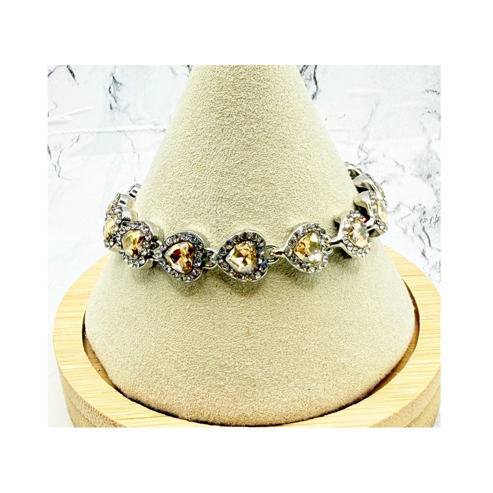 Yellow Heart Glass Rhinestone Halo Bracelet Silver Tone 7.5" New Unworn